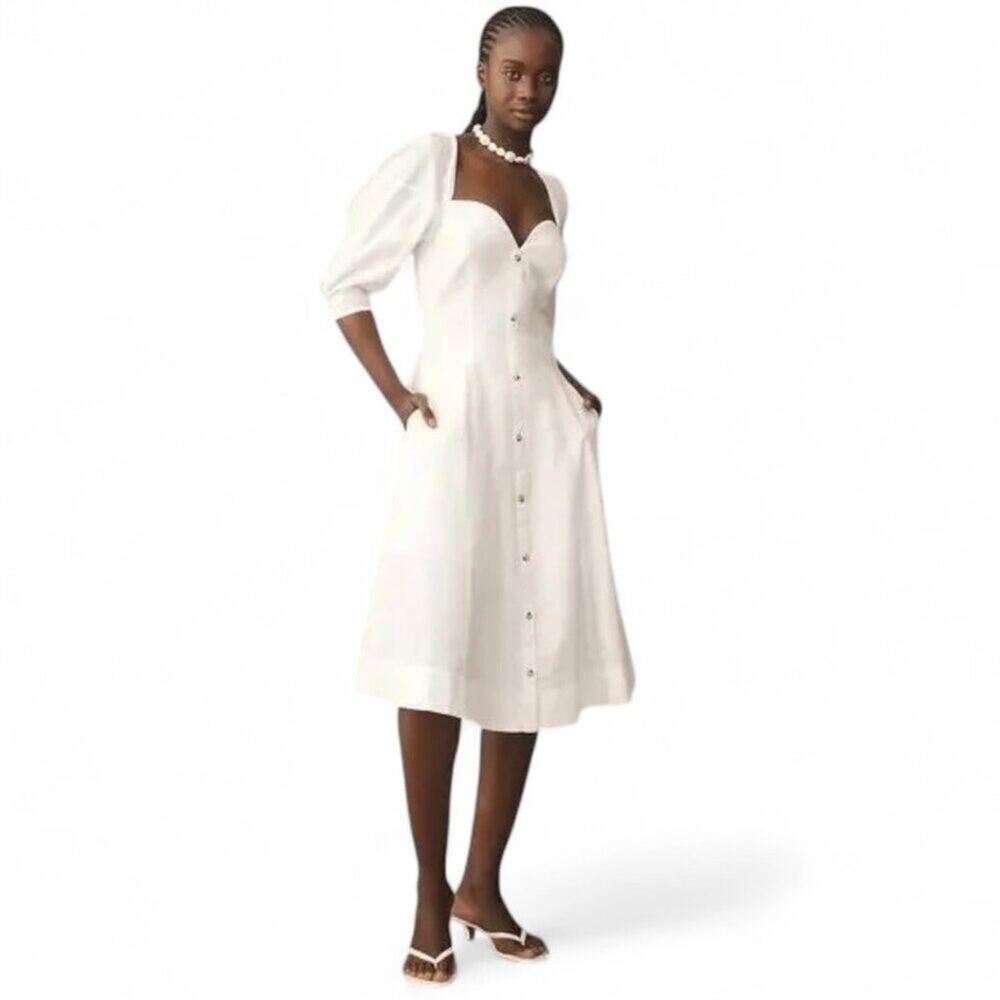 NWT By Anthropologie White Button Front Puff Sleeve Cotton Midi Dress Size 8